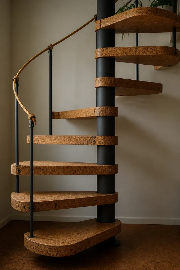 Dark steel spiral staircase with cork-textured treads and a rope handrail