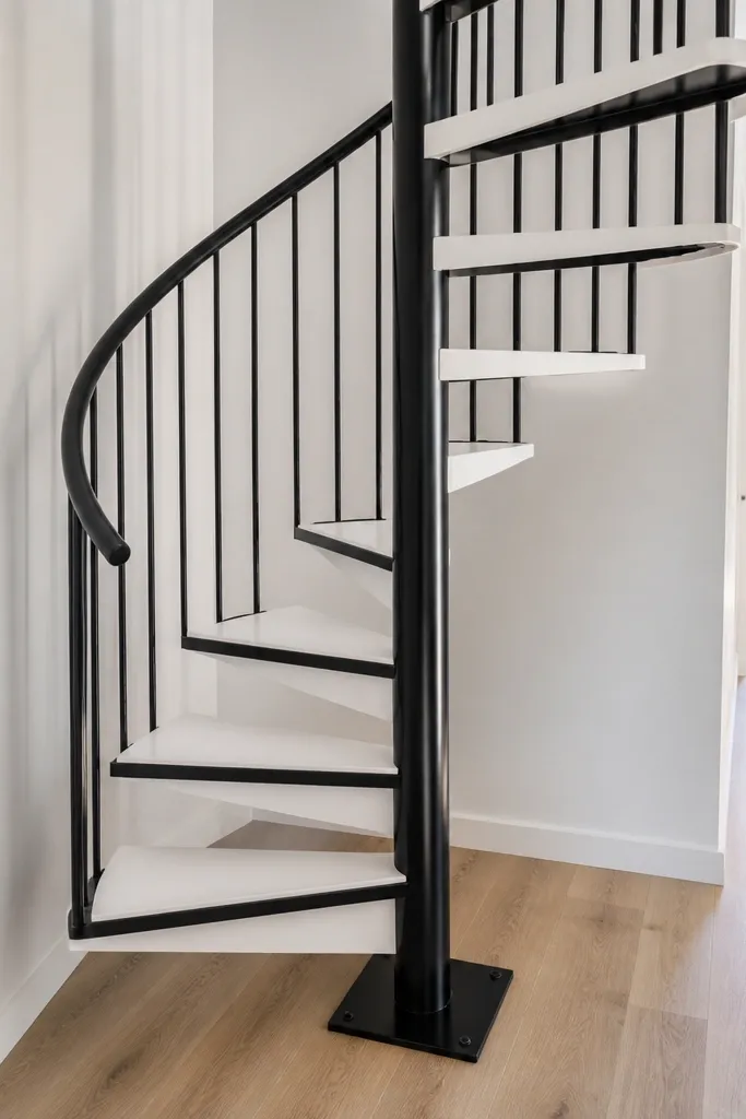 Matte white spiral staircase with black step edges and minimal black handrail