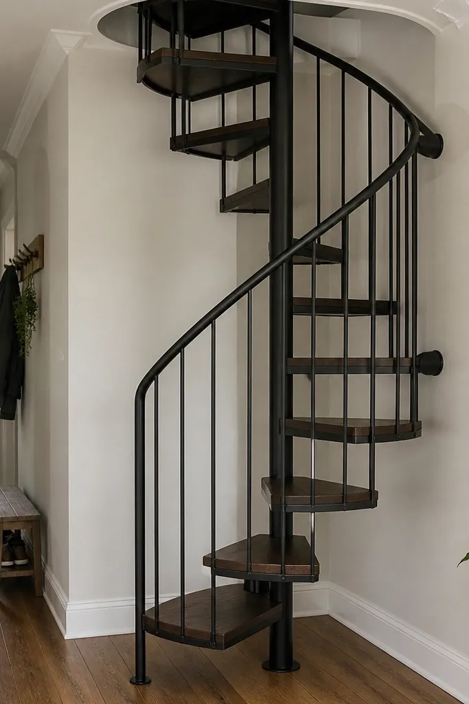 Spiral staircase mounted to a wall with concealed sleeves and a removable trim cover