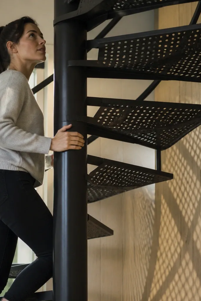 Matte black spiral staircase with perforated metal treads and a slim black handrail