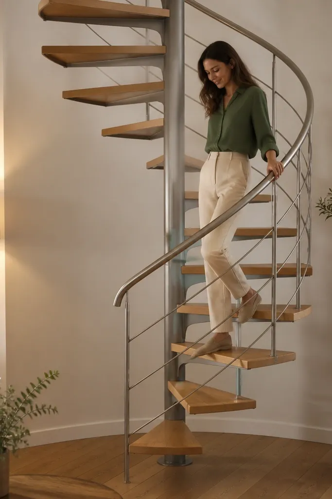 Satin zinc spiral staircase with a metal handrail and light wood treads