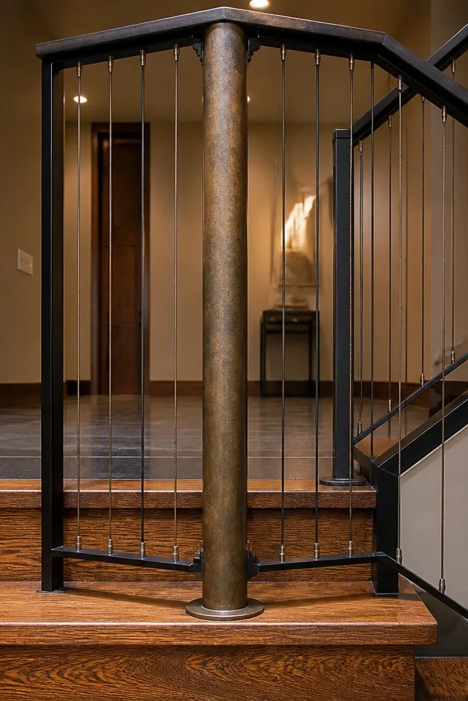 Aged bronze spiral staircase with black cables forming the guard