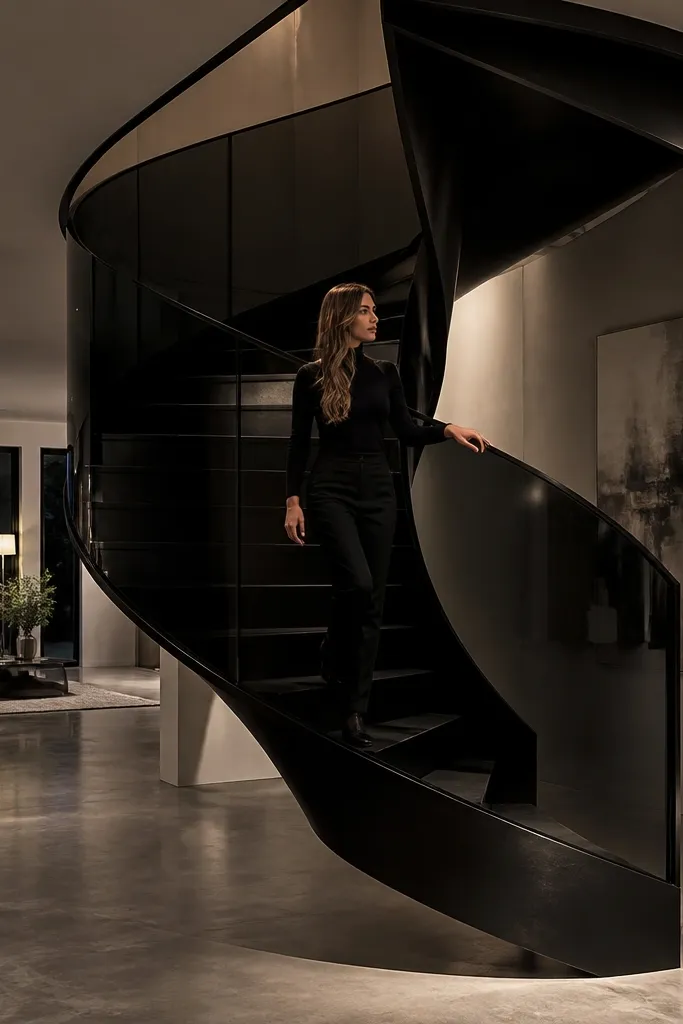 Black metal spiral staircase with dark smoked glass guard panels