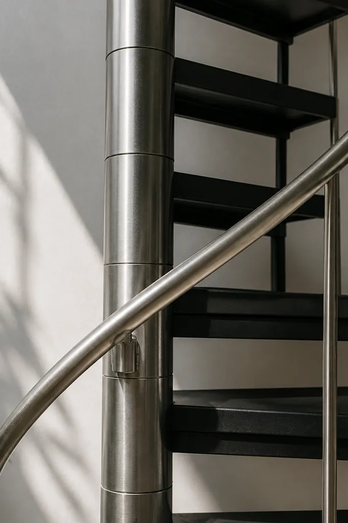 Brushed metal spiral staircase with black treads and a simple handrail