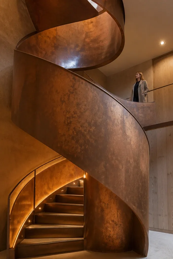 Corten-style spiral staircase with warm-toned metal and a thin handrail