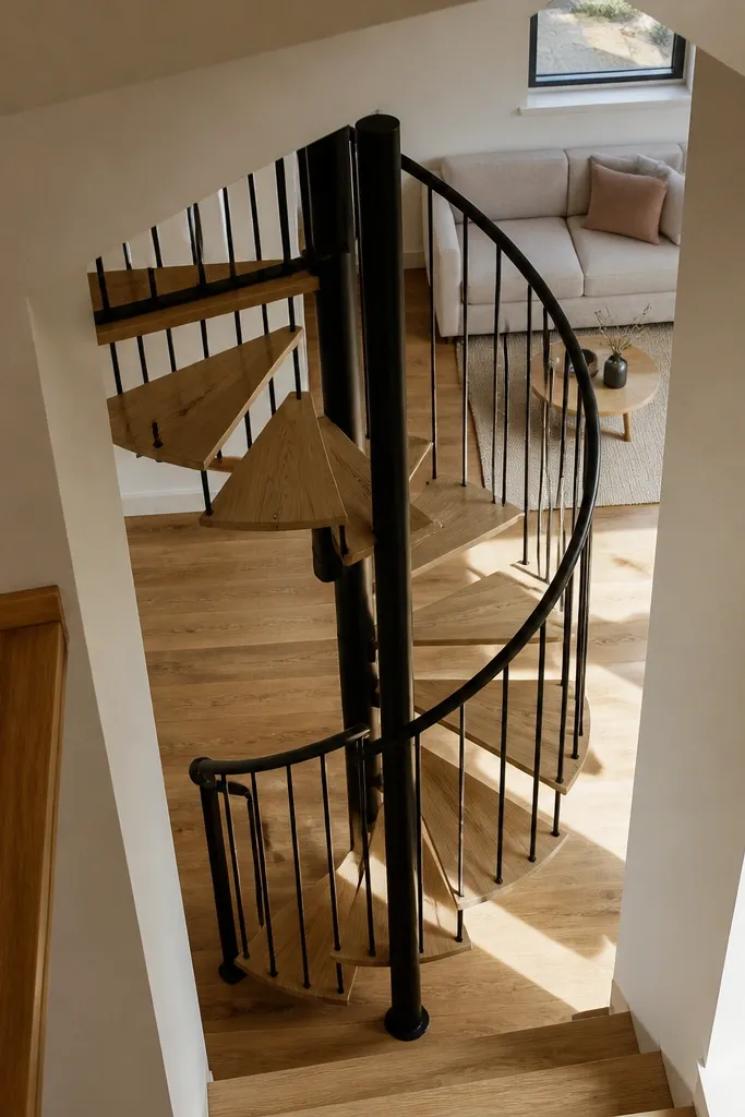 Black spiral staircase with narrow balusters and open spaces between steps