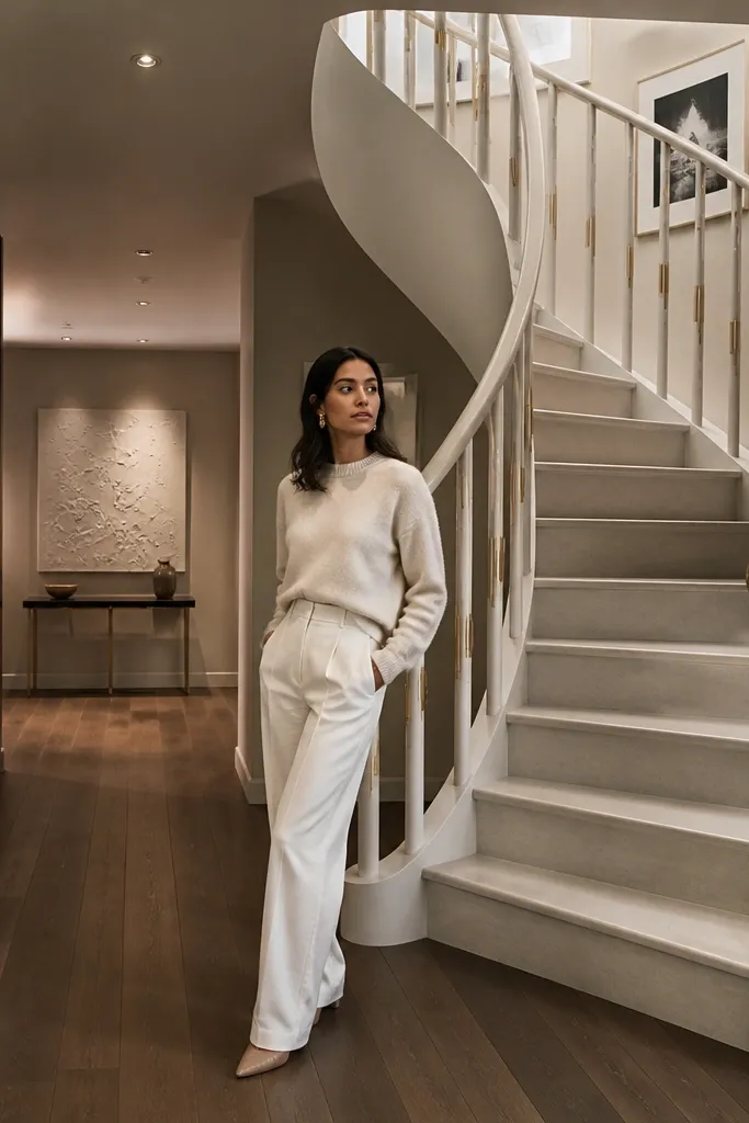 Off-white spiral staircase with small brass accents on the guard