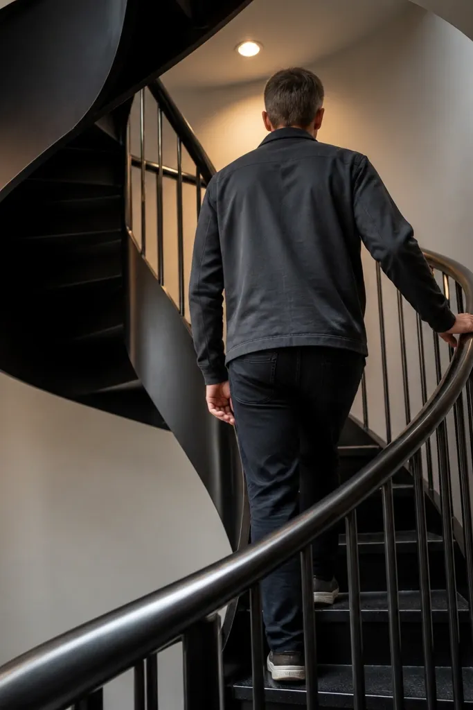 Black spiral staircase with a smooth continuous handrail that flows upward