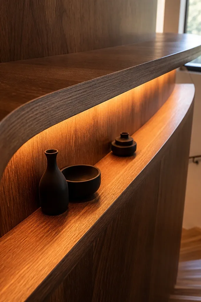 Wood wall niches with warm lights glowing under each shelf lip