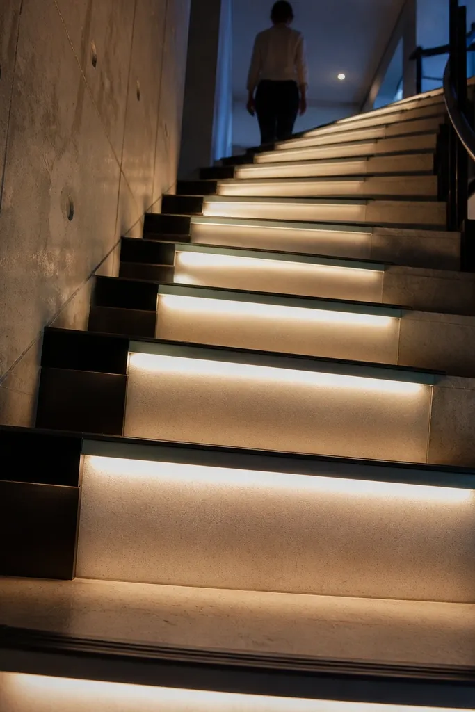 Black metal staircase with small frosted light markers at each tread edge