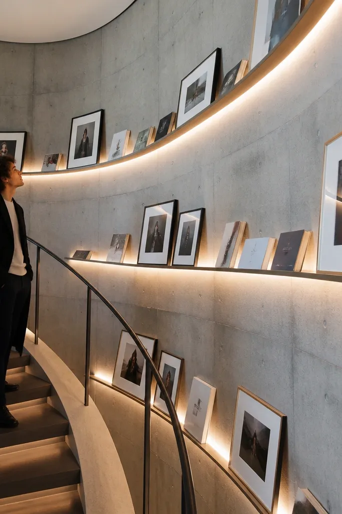 Frame-like shelves with a thin LED glow line behind the shelf opening