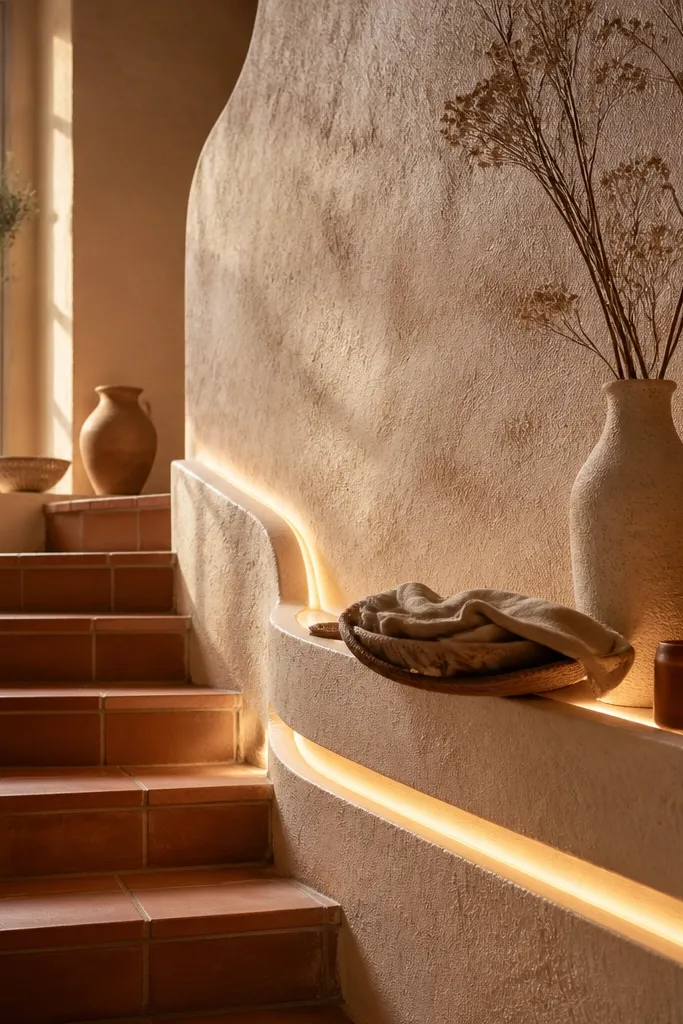 Terracotta wall storage niches with soft warm glow in textured plaster channels