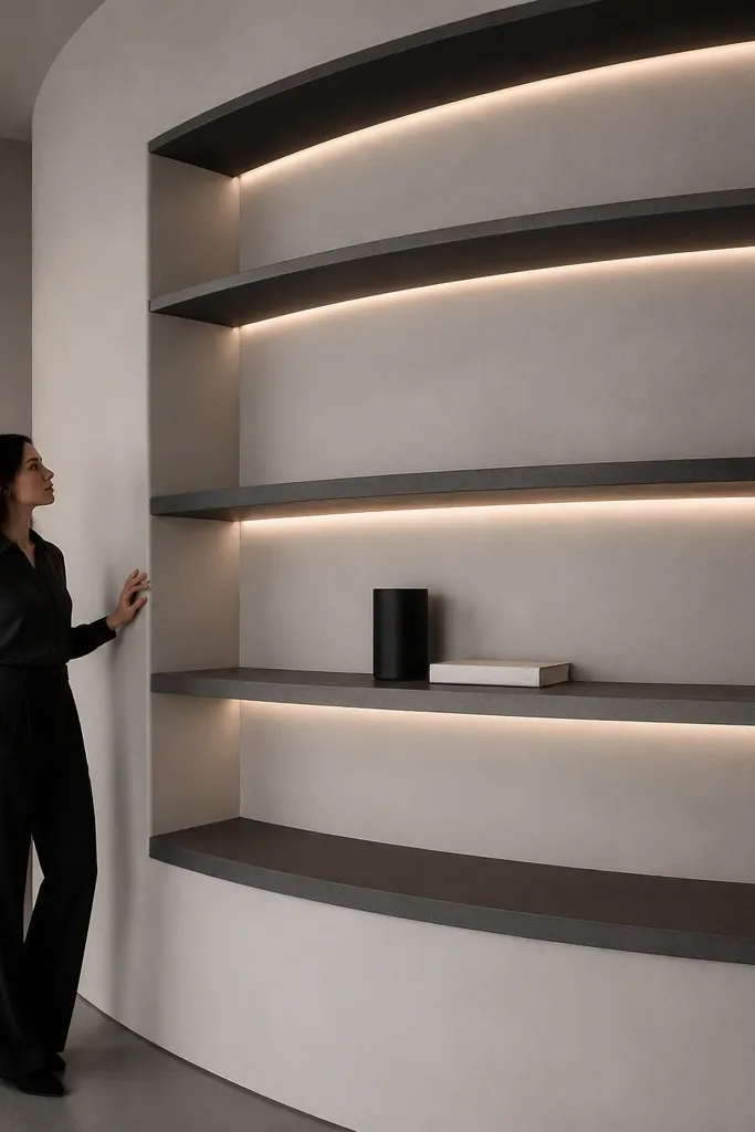Minimal monochrome storage shelves with a smooth recessed LED glow