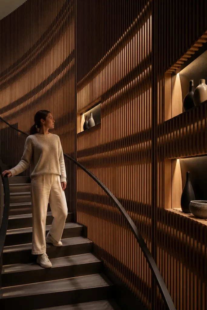 Wood slat storage wall with warm light glowing from the side between slats