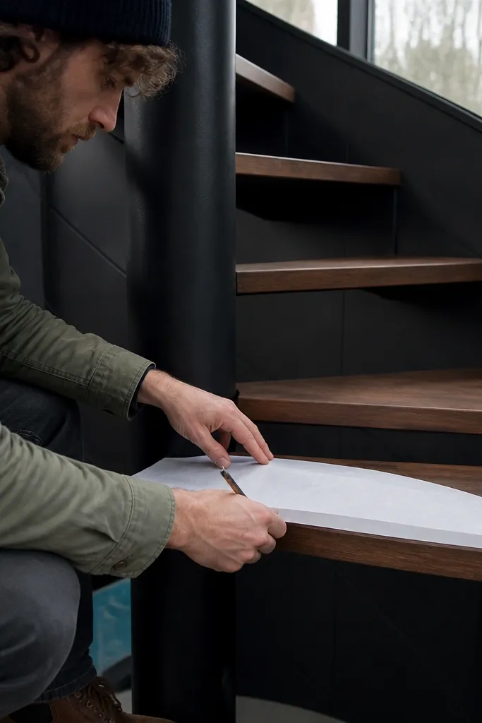 Tape outline showing outer-edge tread width on a spiral staircase plan