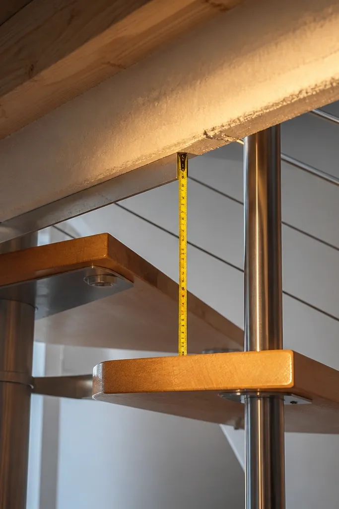 Measuring tape showing clear height from floor to lowest obstruction above spiral stairs