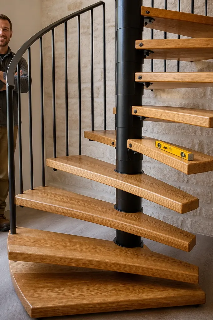 Wood spiral frame with a level tool across each tread before screws are tightened