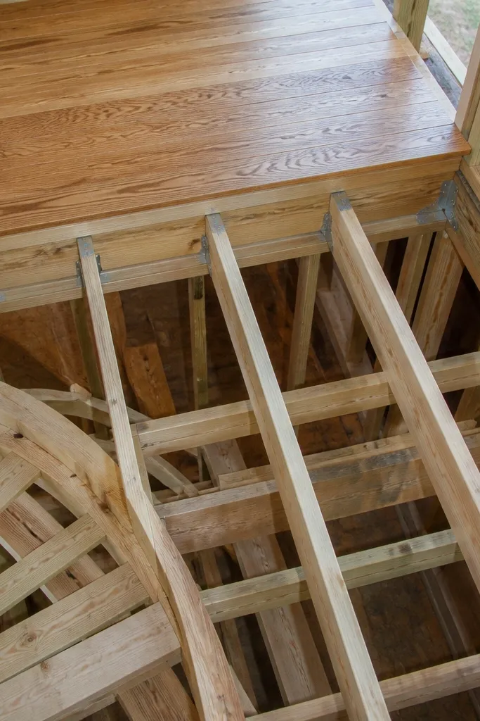 Framed landing platform with joists and blocking under a spiral stair exit