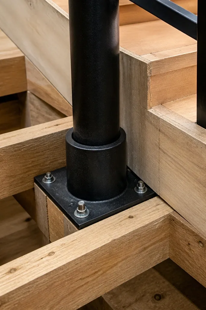 Steel center column with welded or bolted connections to treads
