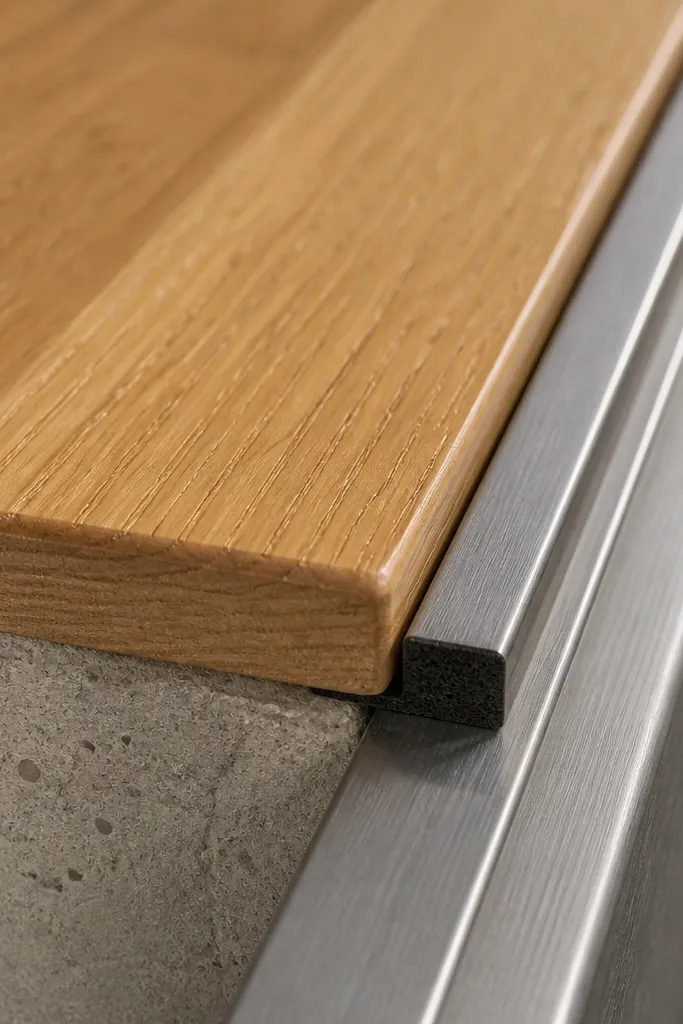 Wood tread meeting metal bracket with a small clearance gap