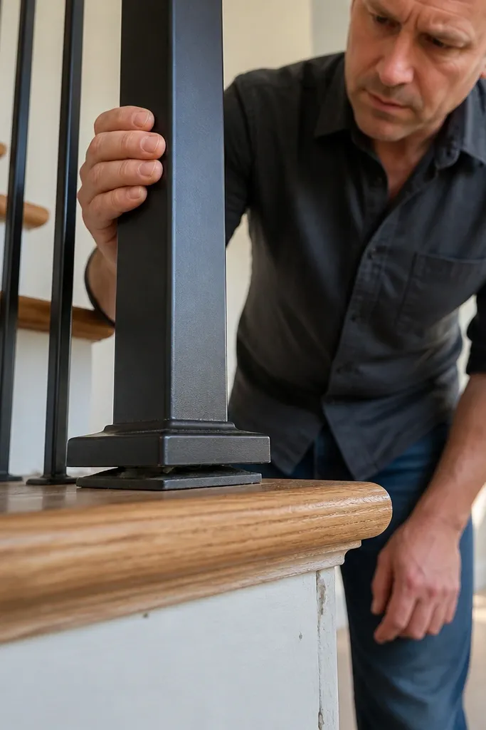 Rail post bolted into framing with blocking for rigidity