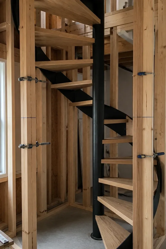 Temporary diagonal braces holding spiral stair frame square during construction