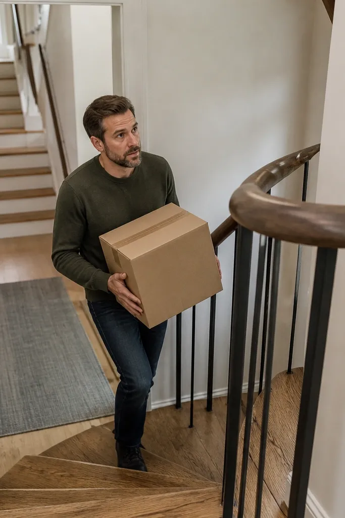 Person holding a box while stepping on a spiral staircase with outer-edge foot placement