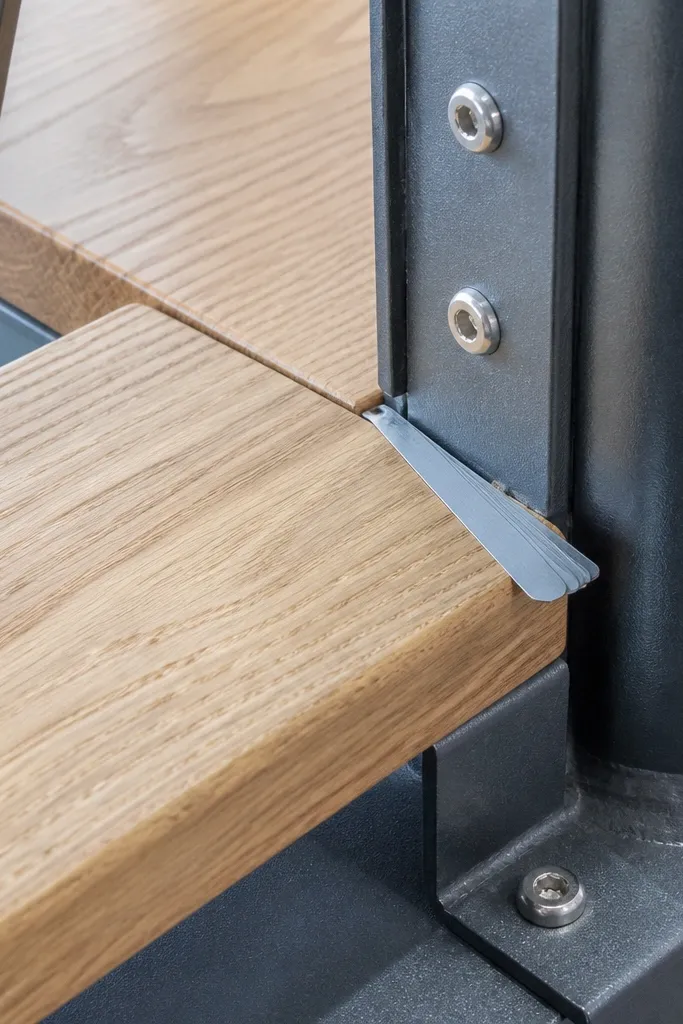 Tread connection with felt pad or shims between wood and metal