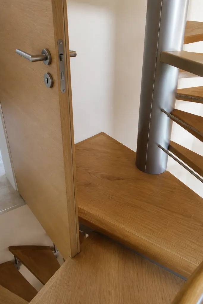 Top landing aligned with door swing and clear walking path