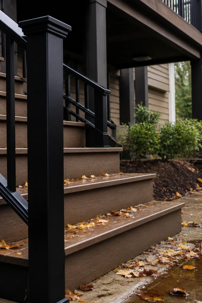 Black spiral staircase with warm composite steps and a simple metal guard