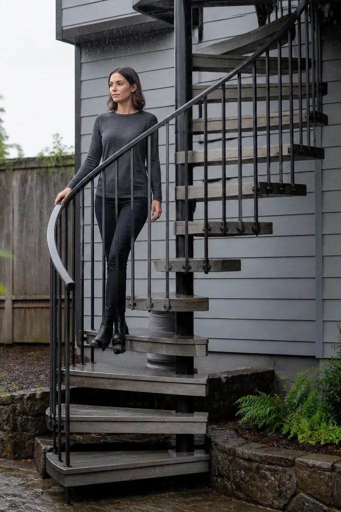 Gray spiral staircase with light cedar steps and a dark guard