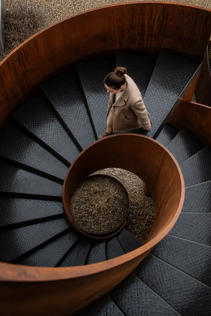 Rusty corten spiral staircase with black steps and a dark guard