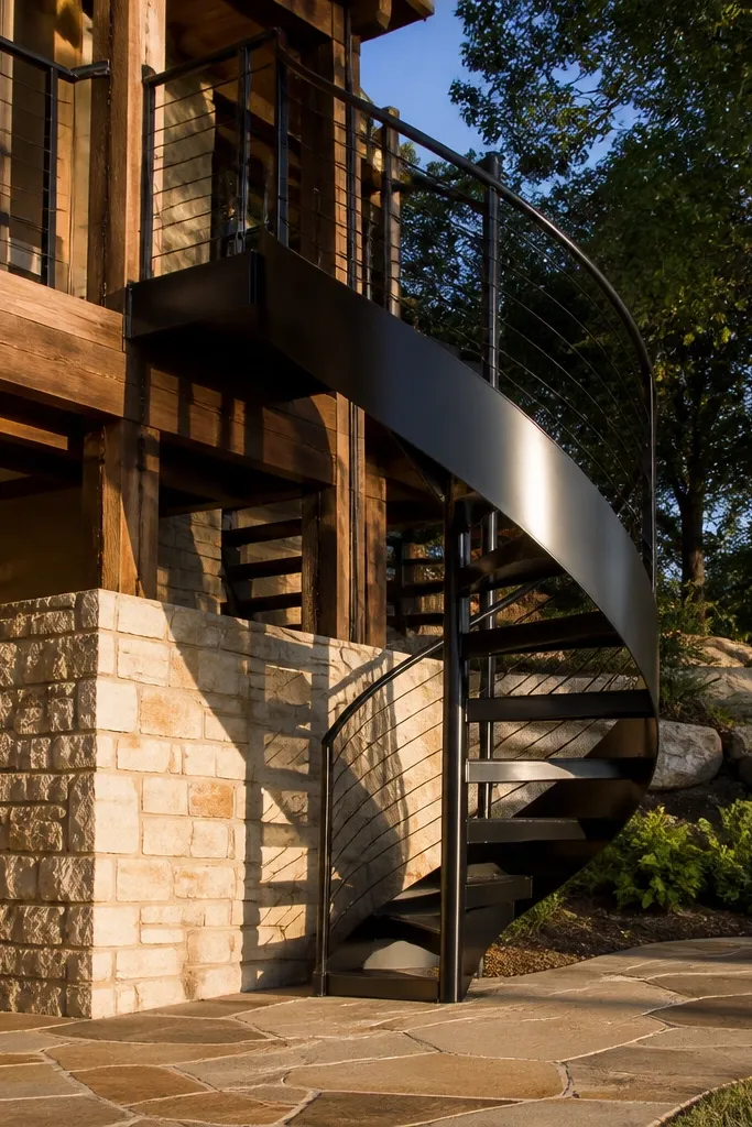 Steel spiral staircase rising from a stone-clad platform with a matching railing
