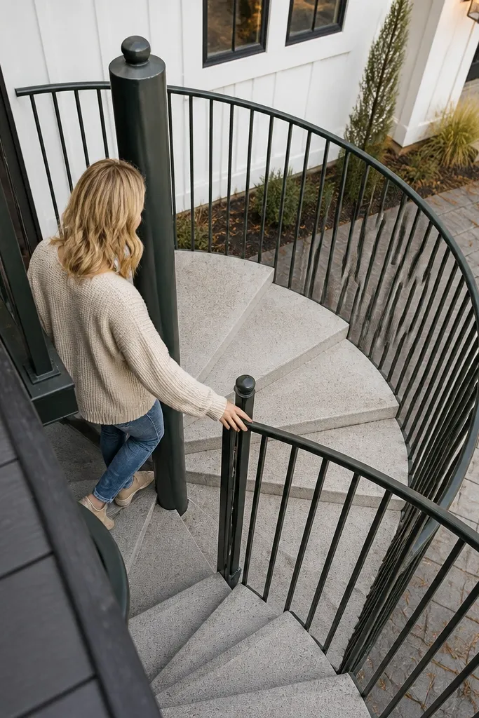 Dark green spiral staircase with light gray, concrete-look steps