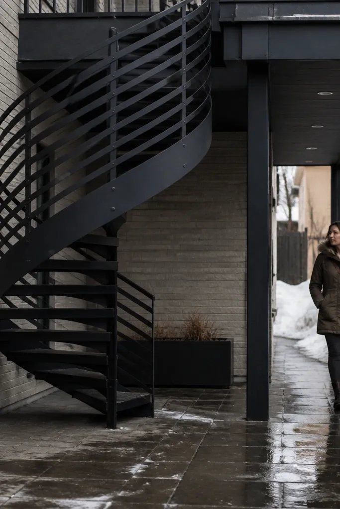 All-black spiral staircase with simple horizontal railing bars