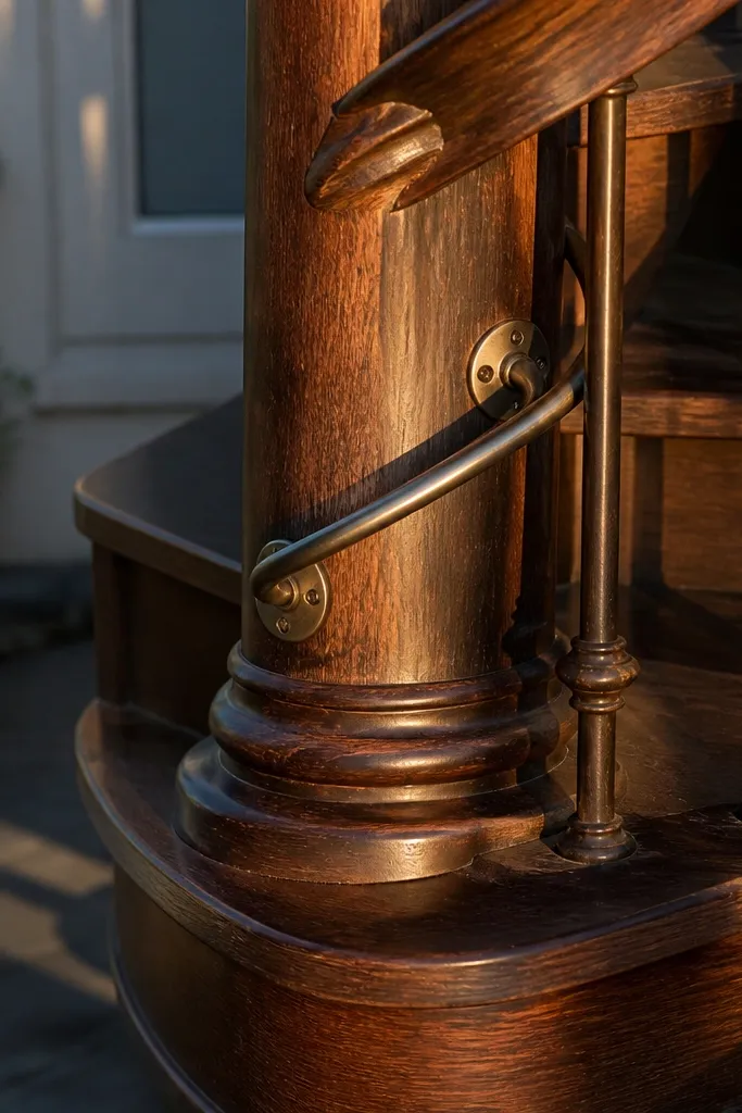 Stained walnut spiral staircase with bronze bolts and a matching guard