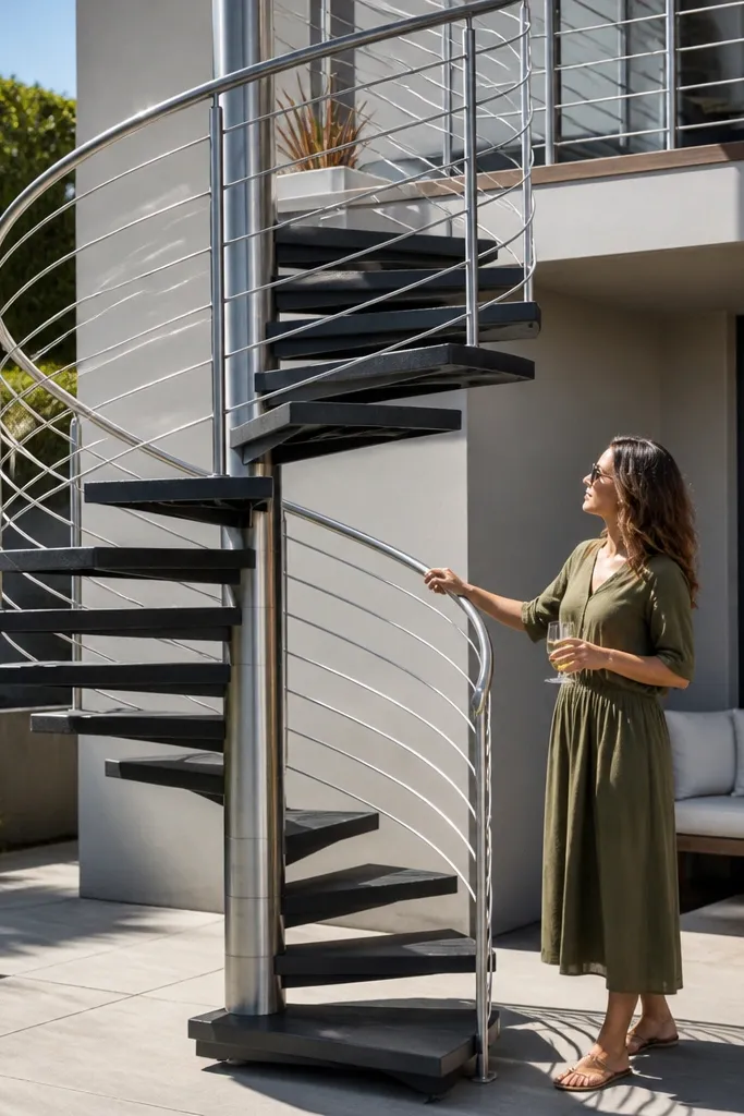 Stainless spiral staircase with dark composite steps and a minimal rail