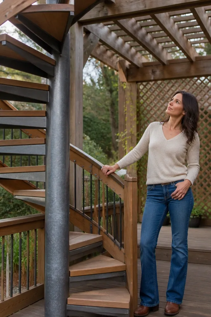 Galvanized spiral staircase with cedar rail details and natural wood steps