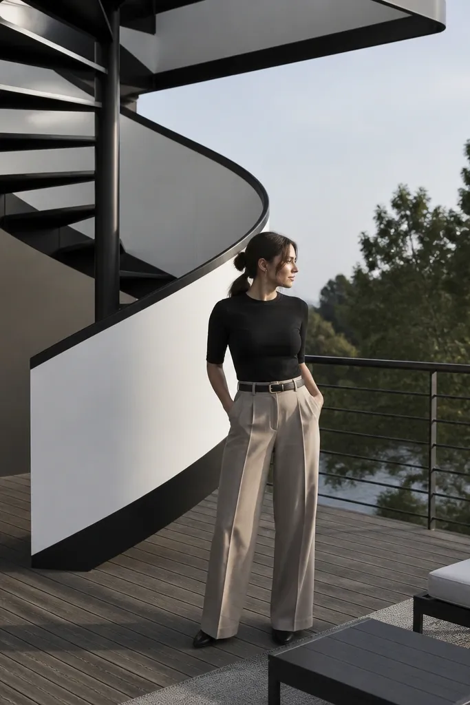 Black spiral staircase with white geometric railing panels and dark steps