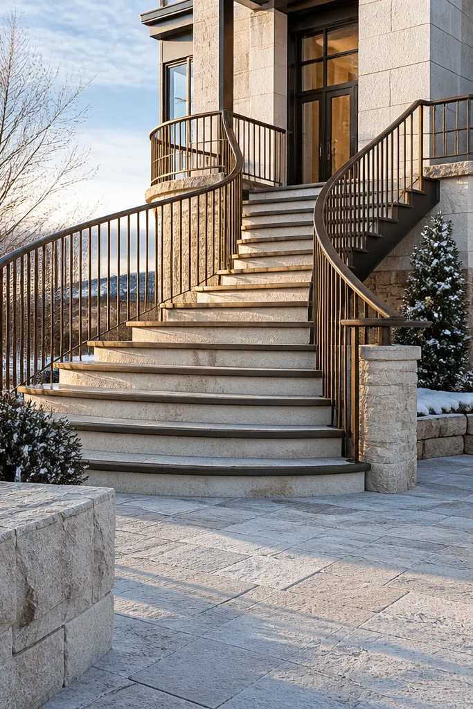 Dark bronze spiral staircase with light stone steps and a simple guard