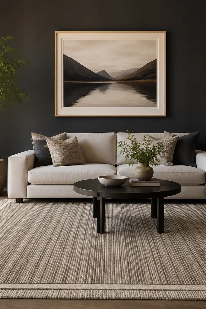 Sofa centered on a wall with a large patterned rug under the front legs