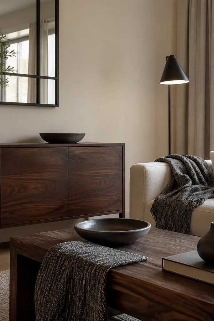 Neutral curtains, dark wood coffee table, and two accent cushion colors on a sofa