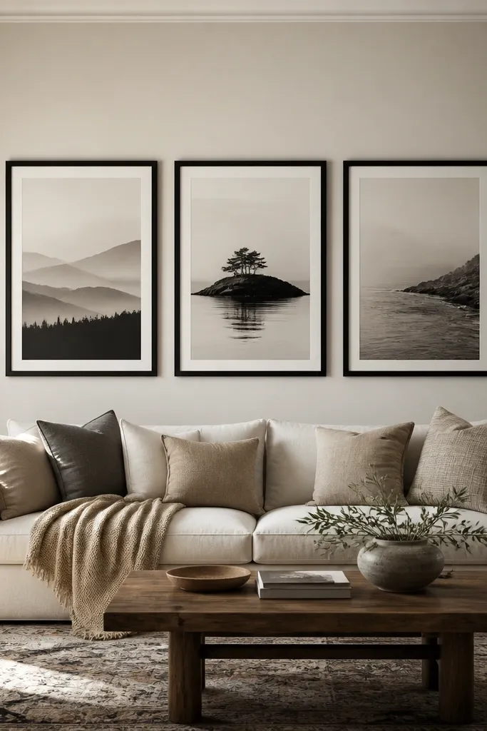 Three framed prints arranged above a sofa with consistent spacing