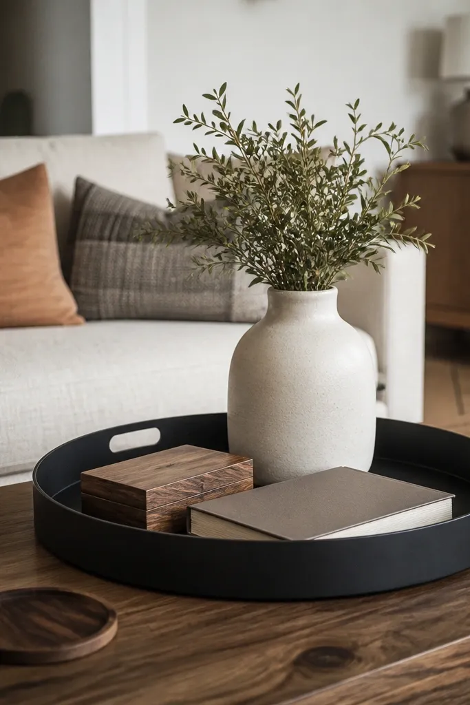 Coffee table with a tray, books, and a vase centered in front of a sofa