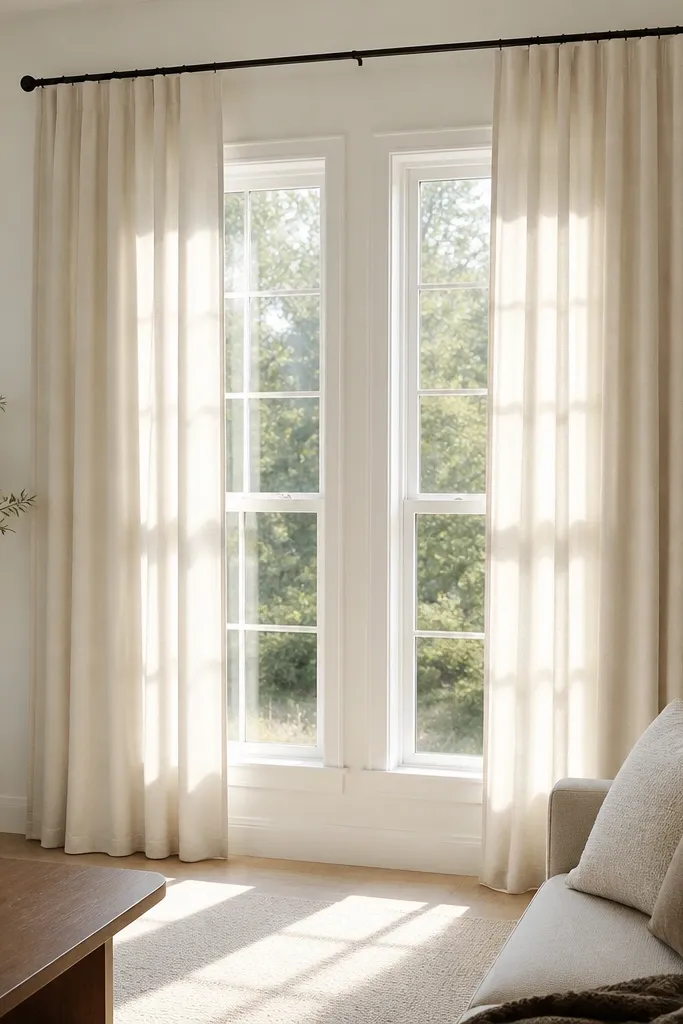 Floor-length curtains with a rod placed high and wide over a window