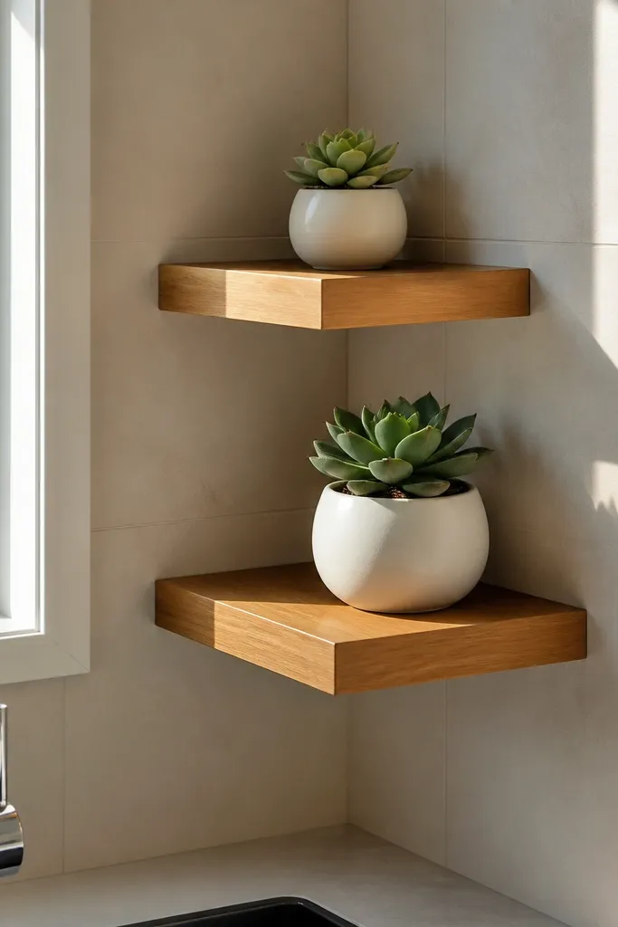 Warm oak corner shelves with small succulents in beige ceramic pots