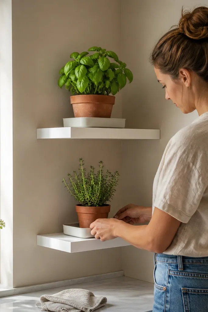 White floating corner shelves holding herb pots with a slim tray underneath