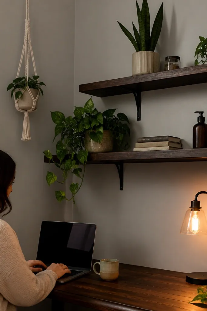 Dark walnut corner shelves with tall plant, mid plant, and a small trailing vine