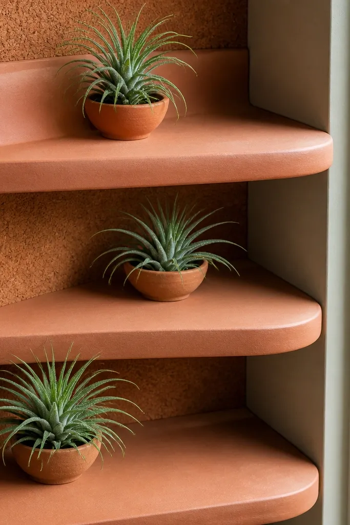 Terracotta corner shelves with air plants mounted on cork backers