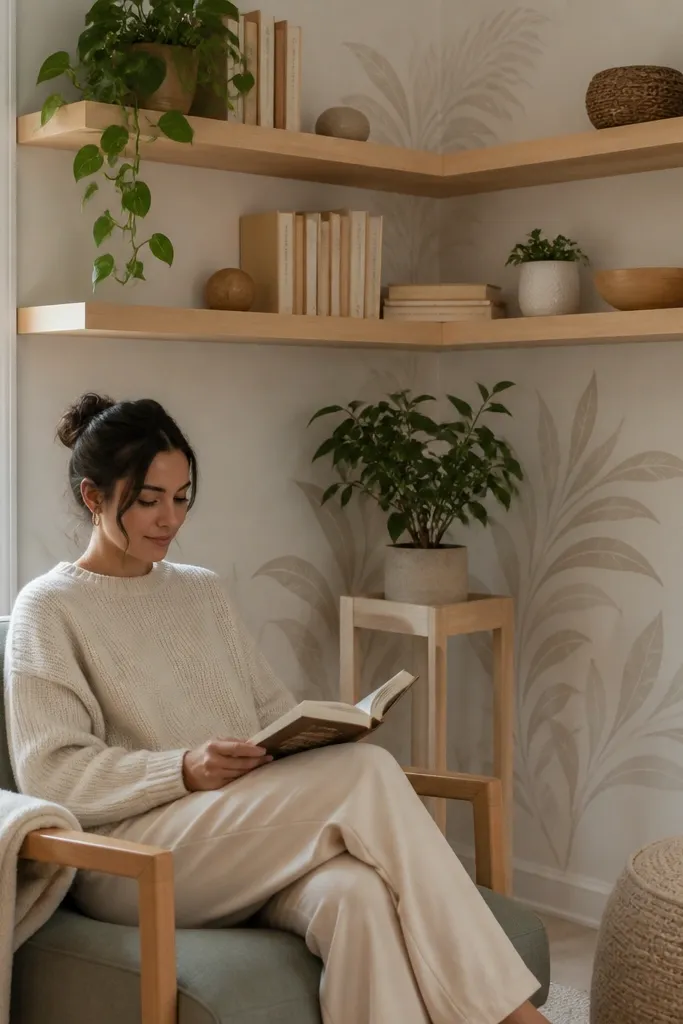 Light birch corner shelves with tiny plants and a subtle wall stencil behind
